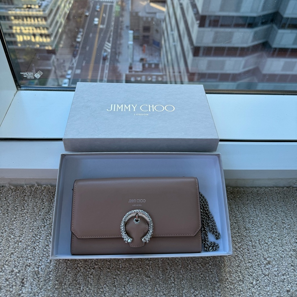 JIMMY CHOO
Buckle Lambskin Wallet with Chain Bag